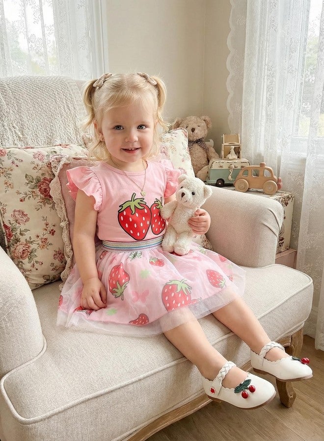 RETSUGO Girls Skirt and Top Set Flutter Sleeve Strawberry Shirt Tulle Skirts Set Kids Tutu Dress Toddler 2PC Fruit Print School Outfits 5-6 Yeras - Image 3